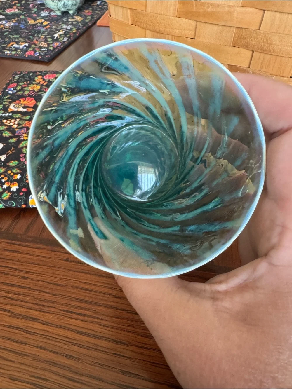 Fostoria Homespun Drinking Glass Vintage Blue Opalescent Tumbler MCM Swirl Teal
